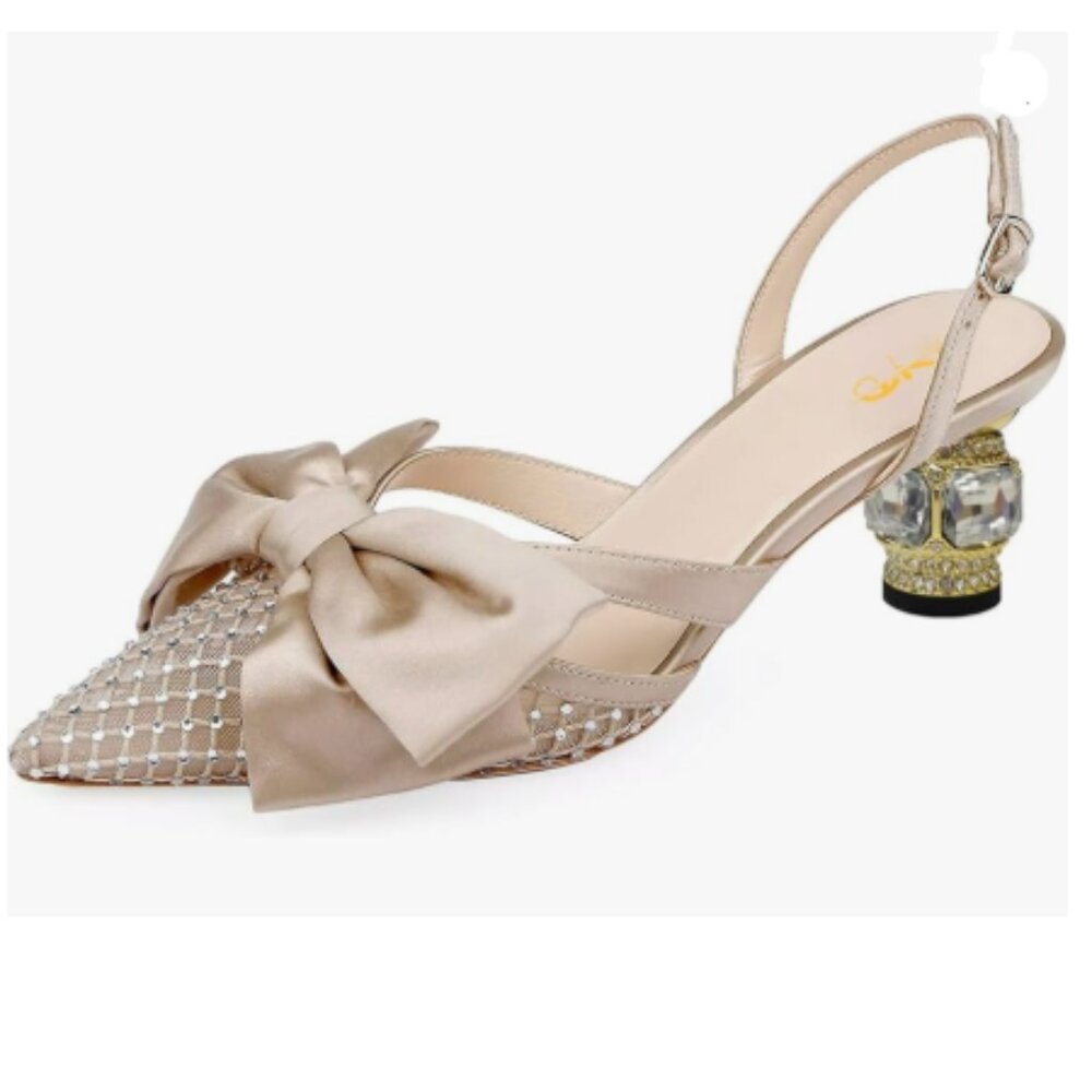 XYD Nude Pointed Toe Slingback Wedding Pumps Bows Mesh Chunky Low Heel Sandals